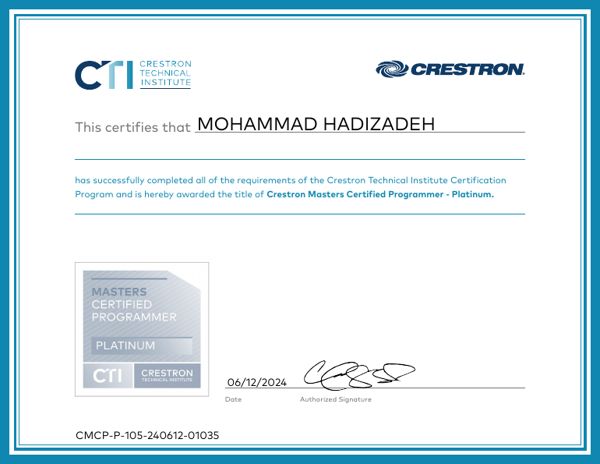 Crestron Masters Platinum certificate